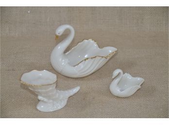 (#42) Lenox 3 Pieces: Swan, Miniature Cornucopia And Miniture Trinket Swan 'To The Bride'