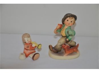 (#136) Hummel Goebel JOYCE NEWS GIRL WITH TRUMPET CANDLEHOLDER  #1/40/0 And STROLLING SONG #5