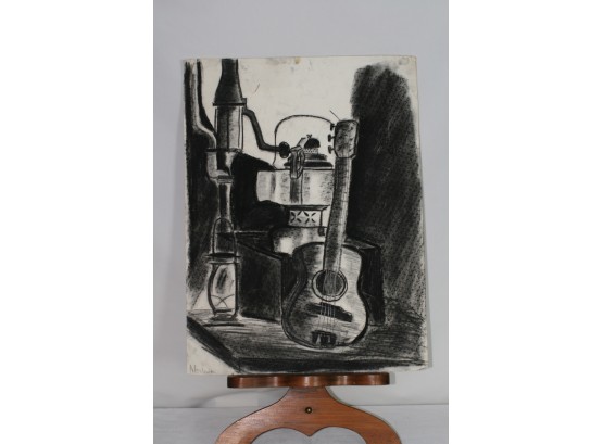 (#47) Charcoal With Guitar And Lantern Unframed 18'x24' Signed