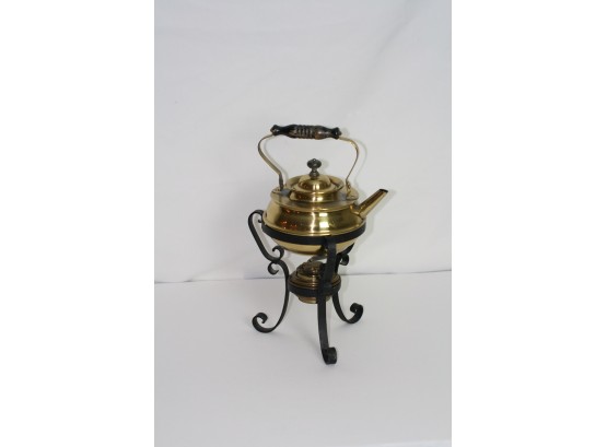 (#18) S & S Co. Antique Brass Tea Pot & Iron Warming Stand