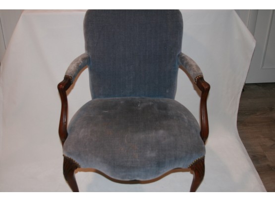 (#13A) Flint And Horner French Style Arm  Chair In Strie Navy Velvet With Nailhead Detail