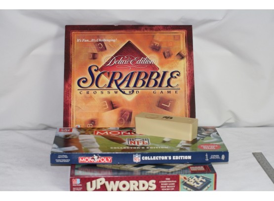(#205)  Lot Of 4 Games  Deluxe Edition Scrabble NFL Monopoly, Upward  & Dominos