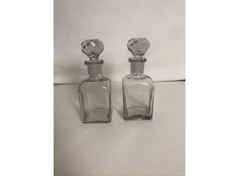 (#67) Pair Vintage Glass Decanters & Both Bottles Have Small Chip On Neck & I Chip On Topper- Clean