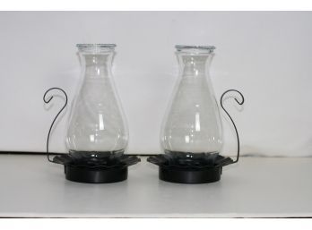 (#51) Pair Of Vintage Candle Holders With Metal Tray & Chimney