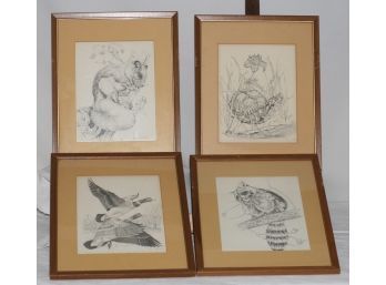 (#21) Set Of 4 Printed Pencil Sketches Of Nature Friends By Ann Miller