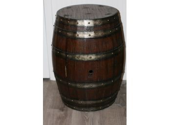(#138) Whiskey Barrel End Table With Secret Door  With 2 Shelves  Made By Butler Specialty Company