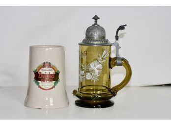 (#70) German Amber Glass Hand-painted Beer Stein With Pewter Top & Handle / A. Zwickel Ceramic Beer Mug