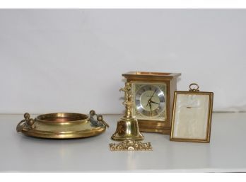 (#32) Lot Of Desk Brass Accessories: Saks Fifth Ave Quartz Clock/ Bell -frame- Cup /bottle Holder