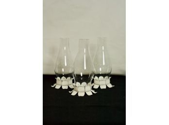 (#53) 3 Metal Floral Candle Holders With Glass Chimney  4 1/2'(w) X 8 1/2' (h)