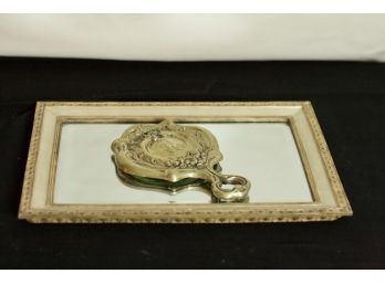 (#36) Vanity Beveled Mirror -resin/wood Tray/ Antique Art Nouveau Mirror Stamped German Silver