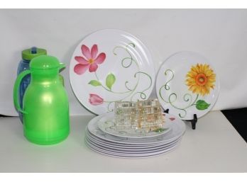 (#140)  Plastic-wear -Melamine Plates Pitcher & Glass Candle Votives
