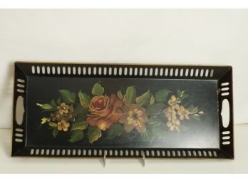 (#102 Vintage Good Kind &Co Hand- Painted Tole Metal Tray&handles/floral Design Chipped Paint Check Photo