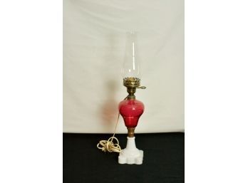 (#44) Victorian Cranberry Red Glass & Milk Glass Pedestal/brass Fittings- Electrified Oil Lamp