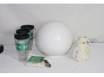 (#181) Golf Decor Lot- A Lg Planter Or Candy Jar -2 Mugs- 3 Cold Cups Paper Napkins & Golf Bag Clip On Watch