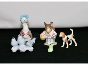 (#133) Lot Of 5 Miniature Ceramic Pieces/ Beatrix Potter Paddle Duck & Little Mouse /Foxhound Birds Frog