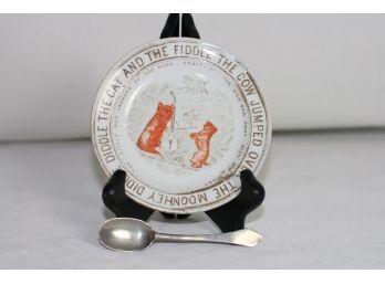 (#227) Vintage Nursery Rhyme Child Plate With Steff Pewter Spoon Plate 4 1/2'