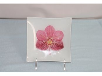 (#240) Sweet Glass Orchid Trinket Dish With Felt Back /signed