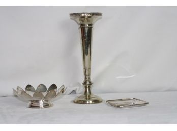 (#221)3 Silverplate Decor Items:Tall Bud Vase- London/tray-Portugal & Reed&Barton Lotus Flower Bowl