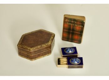 (#37) Collectable Items: Italian Florentine Leather Keepsake Box/sweden Wood Matches In Velvet Box-Petite Book