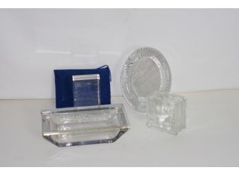 (#147)  Glass Desk Accessories/ Glass Frame /Miniature Glass Block- Lucite Frame- Heavy Monogramed  Glass Box