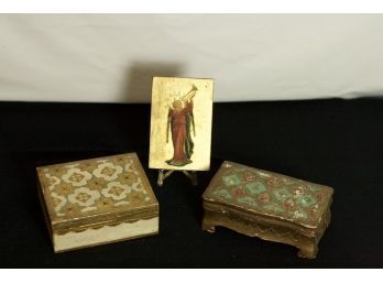 (#35) Lot Of Tole: 2 Vintage Florentine Hollywood Regency Style Keepsake Boxes/ Wall Plaque/made In Italy