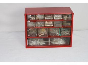 (#176) Red Metal Storage Case With Jewlery Beads