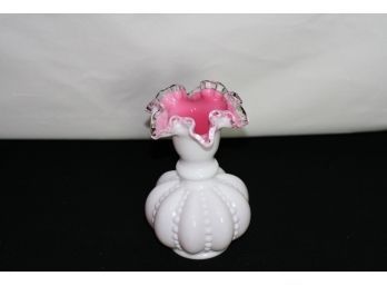 (#41) Vintage  Fenton Milk Glass / White & Pink Ruffle Rim Vase -hobnail
