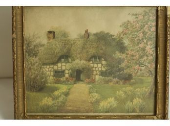 (#215) A Framed Antique Country French European Thatch Cottage Print / Frame Has Damage Check Photo's