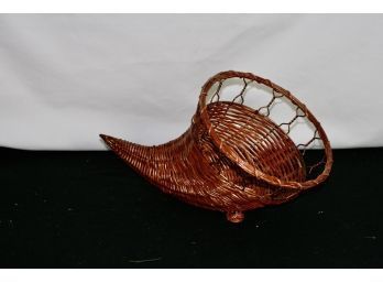(#166  Holiday Deco Cornucopia Wicker Basket With 3 Faux  All  Leaves Swags 1 Ivy Sway & A Oak Leaf Swag