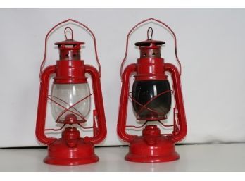 (#55) 2  Red Metal & Glass Hurricanes Oil Lamps/ Wicks-handles-household Necessity For Power Outages