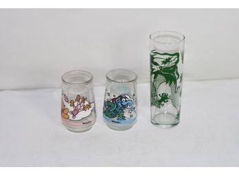 (#221) 3  Memorabilia Glasses / 2 Welch's Jelly Jar & 1 Dragon Glass