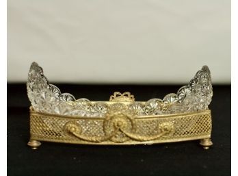 (#34) 2(pcs.) Antique Relish Dish/ Dish Sit In A Gold Plated Ornate Filigree Footed Stand