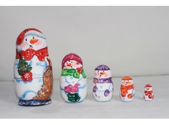 (#258) Wood Nesting Dolls - Snowman Hand-painted & Signed By Artist /wood