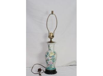 (#179) Vintage Porcelain Chinese Hand Painted  Floral Garden Vase Table Lamp With Wood Base
