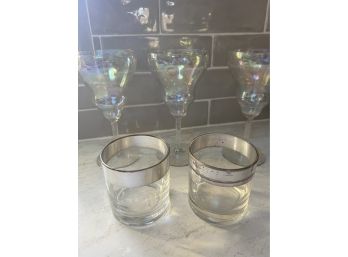 3 Iridescent  Wine Glasses, 2 Silver Rim Glasses