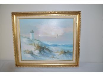 Light House By The Shore Framed Painting