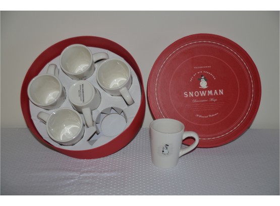 (#33) William Sonoma Set Of 6 Assorted SNOWMAN Decorative Mugs NEW In Box Each Mug Different Motif