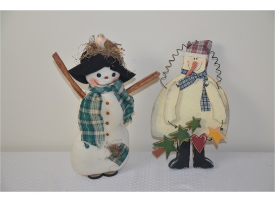 (#57) Holiday Snowman Home Decor:  Wooden Wall Hanger 12'H And Fabric Snowman 13'H