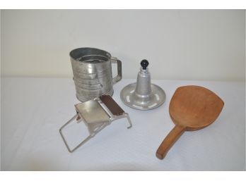 (#147) Vintage Kitchen Gadgets: Sifter, Egg Cooker, Large Wooden Spoon, Slicer