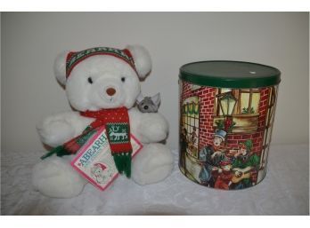 (#182) Vintage Stuffed Abearham And Strauss The Mouse Bear, Popcorn Tin Can