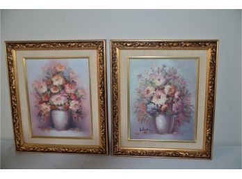 Acrylic Painted Pair Of Floral Framed Pictures