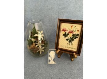 (#150) Artificial Glass Floral Arrangement, Needlepoint Flower Bouquet, Lucite Craved Rose