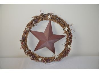 (#83) Grapevine Branch Wreath Metal Center Star 15' (berries Worn)