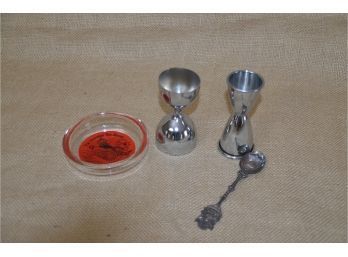 (#256) Russian Tea Room Glass Coaster, 2 Metal Barware Shot Cocktail, Silver-plate Liberty Souvenir Spoon