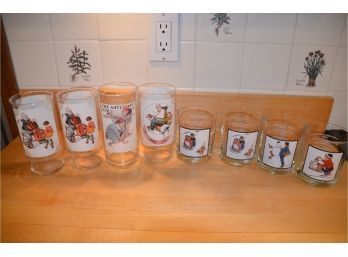 (#183) Vintage Norman Rockwell Tall Drinking Glasses (4)  And Norman Rockwell PEPSI Low Glasses (4)