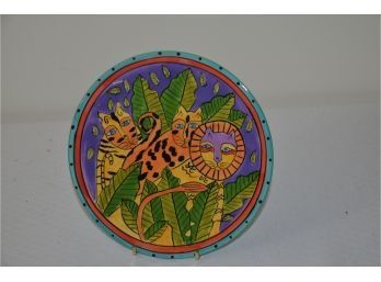 (#208)  Laurel Burch 1998 Design Studio Henriksen LION / LEPORAD Ceramic Plate 8' Decorative Teal Trim