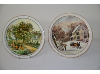 (#194) Currier & Ives Metal Serving Trays Winter And Autumn 10'