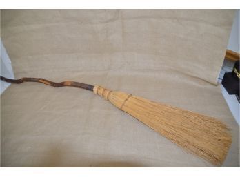 (#260) Antique Primitive Hearth Twig Broom 50' Long - Leather Strap To Hang