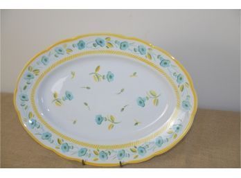 (#212) Faience France Handcrafted Underglazed 14' Oval Serving Platter Blue And Yellow Floral Dishwasher Safe