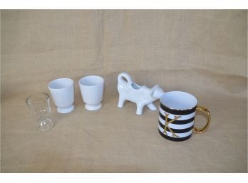 (#236) Cow Milk Pitcher By The Cellar, 'K' Stripped Coffee Mug, 2 Porcelain White Cups